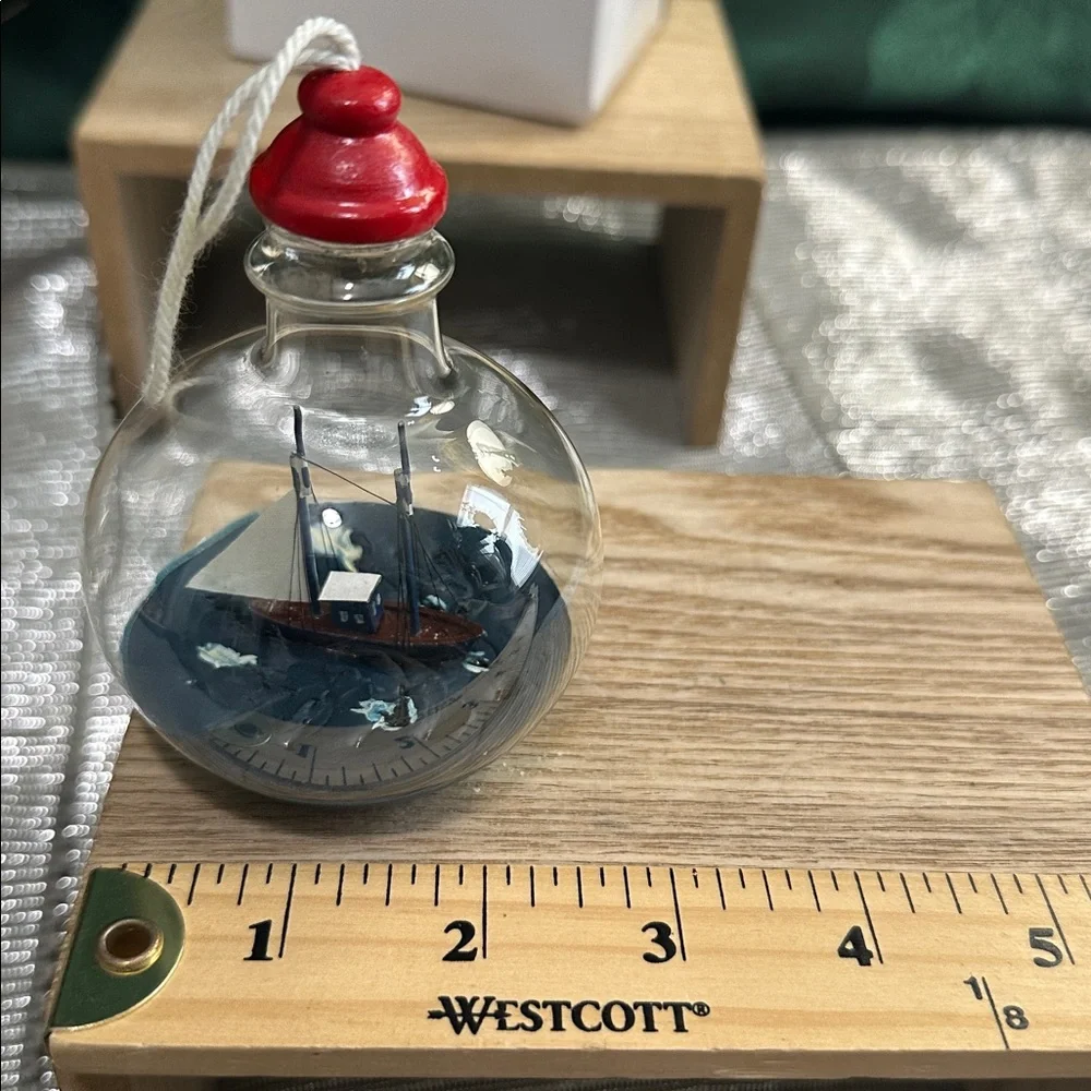 Crate & Barrel Ship-In-A-Bottle Glass Christmas Ornament Nautical